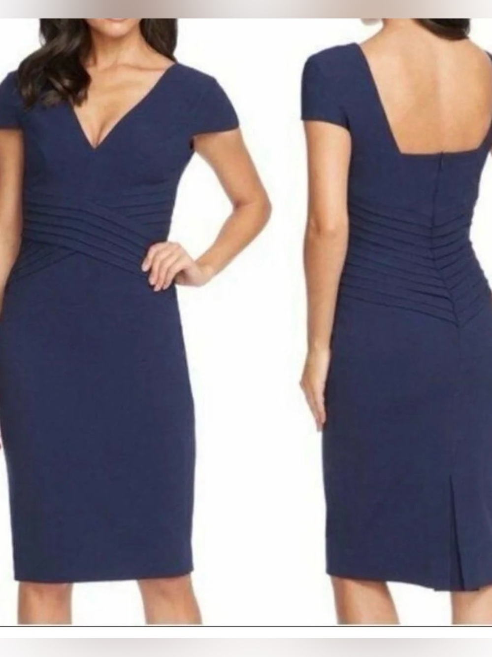 Dress the Population Navy Dolores V-Neck Cap Sleeve Sheath Dress Medium